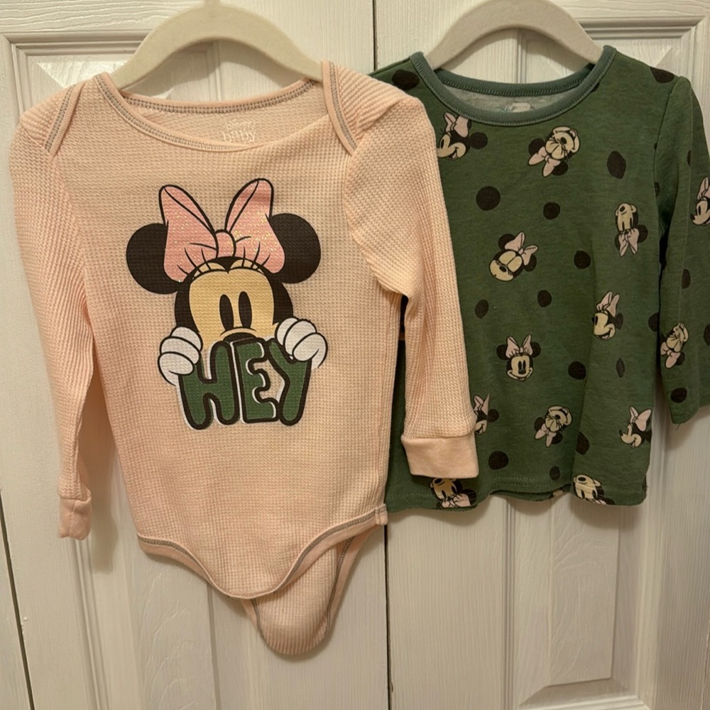 Minnie Mouse bundle;1 sweat shirt, 1 onesie, & 1 short sleeve with shorts PJ set